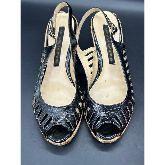 Chinese Laundry Patent Leather Wedges Cork Heel Sling Strap Size 8M Festival - Picture 2 of 9